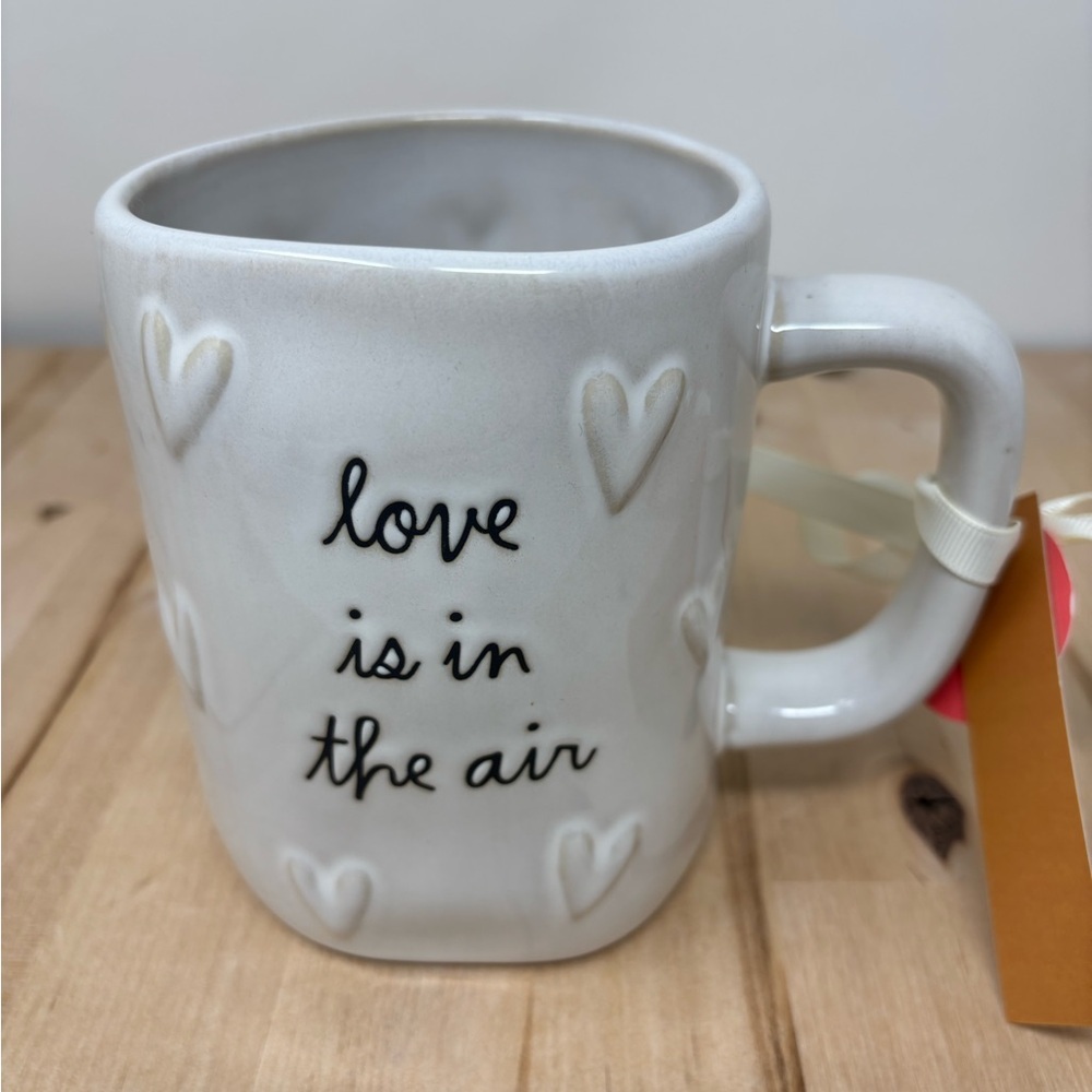 Rae Dunn LOVE IS IN THE AIR Mug White Ceramic with Raised Hearts All Around New